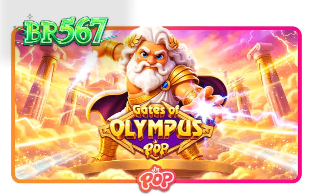 Interface do jogo Gates of Olympus POP com Zeus e elementos dourados